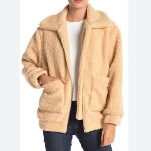 Elodie Cream Tan Sherpa Teddy Zip Jacket, Size Medium